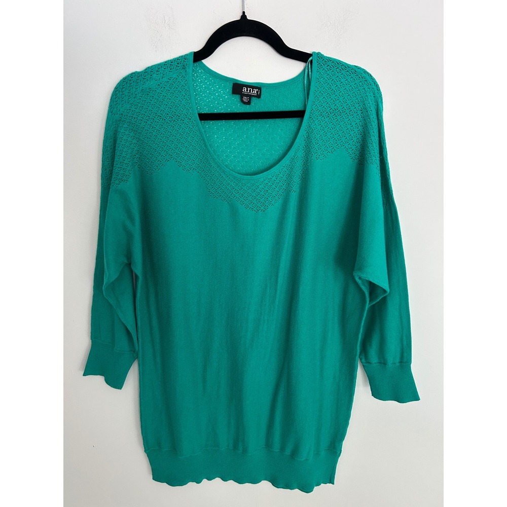 ana A New Approach Teal Green Pointelle Knit Sweater XXL Tall 3/4 Sleeve Scallop